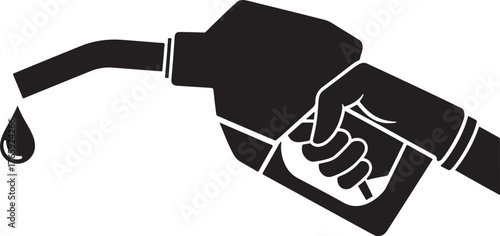 Hand holding a gasoline fuel nozzle with a drop of fuel silhouette
