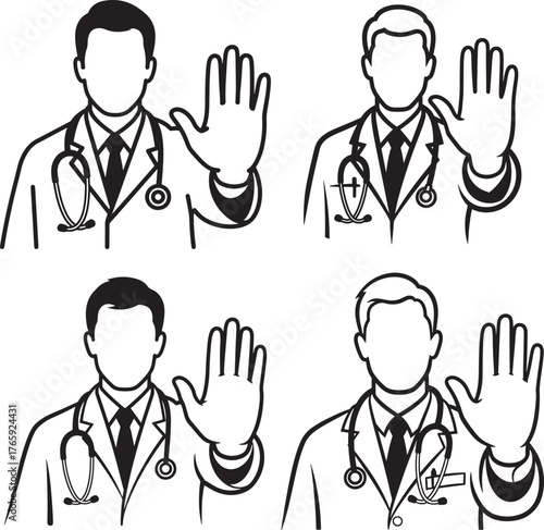 Four doctors in silhouette gesturing stop sign silhouette