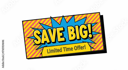 Save big sale banner and discount coupon in a pop art comic style. This is a vector illustration for promotion
