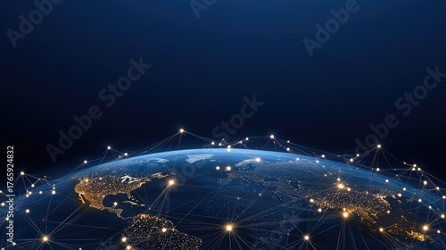 Fototapeta Naklejka Na Ścianę i Meble -  A glowing representation of planet Earth highlights a network of connections against a dark blue backdrop, symbolizing global commerce and technology