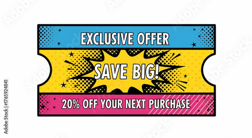 Promotional sale banner and discount coupon design in a fun pop art and comic style, an isolated vector illustration