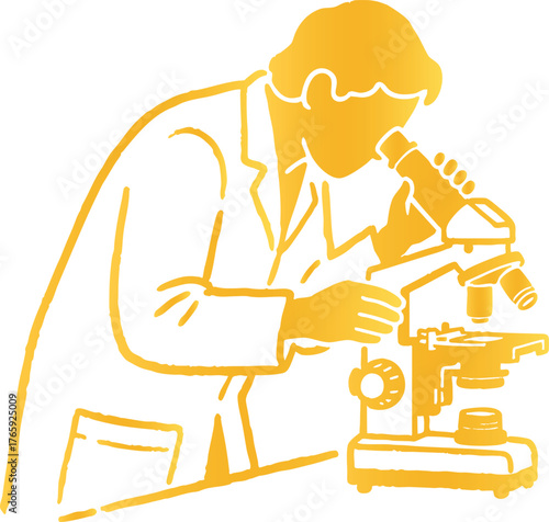 Golden Silhouette of Scientist Looking into Microscope on White Background