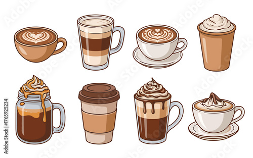 Collection of delicious coffee drinks and latte art for your cafe or menu design