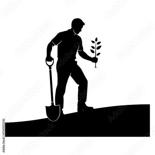 Man Planting Tree Silhouette Reforestation Growth and Environmental Conservation Icon
