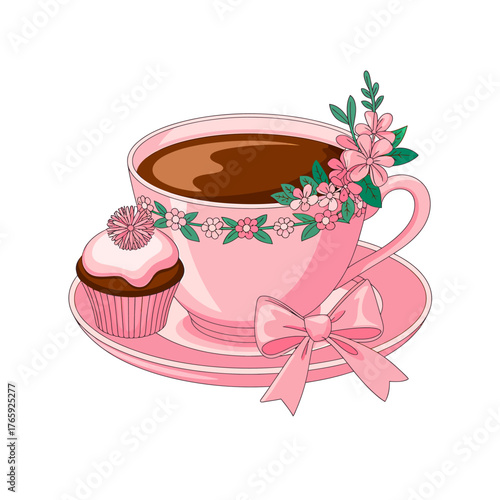 Charming Pink Tea Cup with Floral Design and Cupcake Illustration Sweet Treat Delight