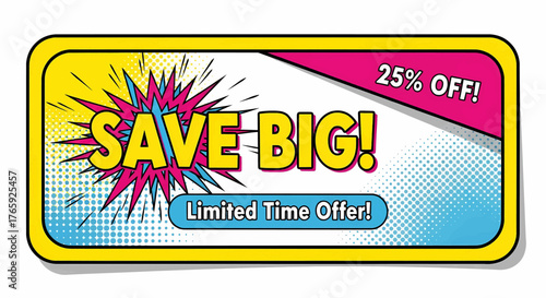 Vibrant sale banner and discount coupon design in a retro pop art and comic style, a dynamic vector illustration