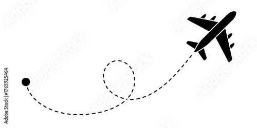 Airplane taking off with dotted line trajectory displaying the route of the aircraft and its destination a symbol of travel