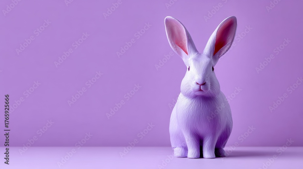 Obraz premium Colorful purple rabbit figurine with large ears, sitting on a smooth surface against a soft purple background, showcasing a whimsical and playful design perfect for decorative purposes