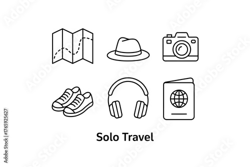 Essential Icons for Solo Travel Adventure Featuring Map Hat Camera Shoes Headphones and Passport Representing Freedom Exploration and Personal Discovery