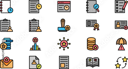 Collection of colorful business icons representing tasks and project management tools