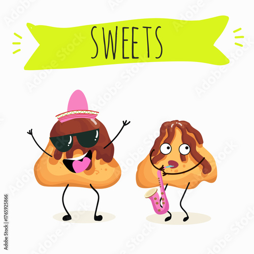 Cream puffs funny characters with glossy chocolate, hand drawn vector illustration.