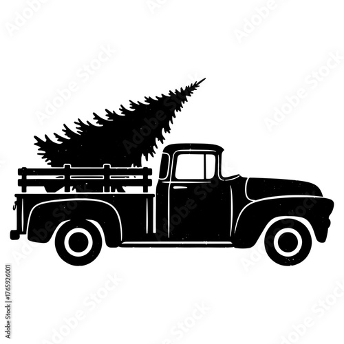 Vintage Christmas Truck Silhouette Retro Pickup with Pine Tree Holiday Graphic
