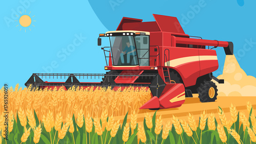 Combine Harvester in Wheat Field on a Sunny Day Agriculture and Harvesting Concept