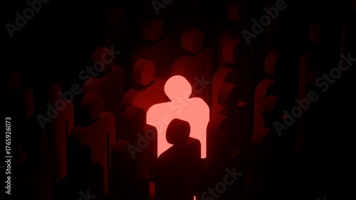 Foto A Red glowing man standing in front of a large crowd, alone and lonely But also