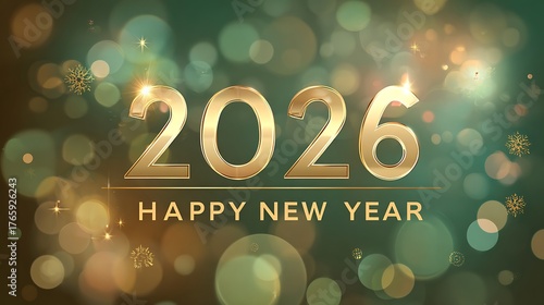 Golden 2026 happy new year greeting with green bokeh lights and snowflakes