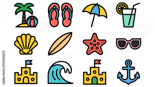 Vibrant Summer Beach Icons Representing Vacation Time and Tropical Getaways in a Colorful Vector Illustration