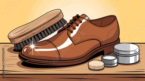 Leather shoe care and maintenance illustration with brush polish and cloth showing proper care and shine for elegant footwear