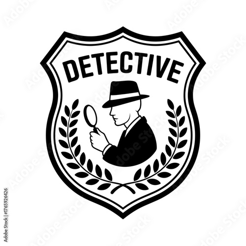 Vintage Detective Badge with Man Holding Magnifying Glass and Laurel Wreath Emblem in Black and White Design