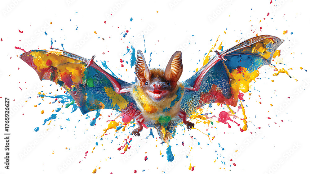 Naklejka premium Colorful bat in mid-flight with rainbow wings, splashed colors on a white background dynamic motion