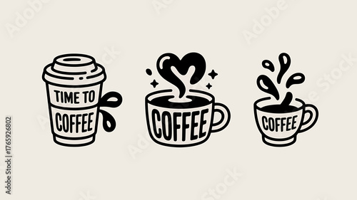 Coffee themed illustrations of coffee cups mugs and time to coffee graphic with heart and spills design for your morning routine