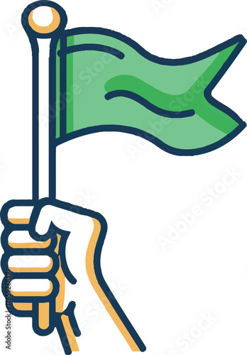 a simple line drawing of an icon featuring a hand holding a green flag, designed as part of a ui ux for website graphic elements, with a white background
