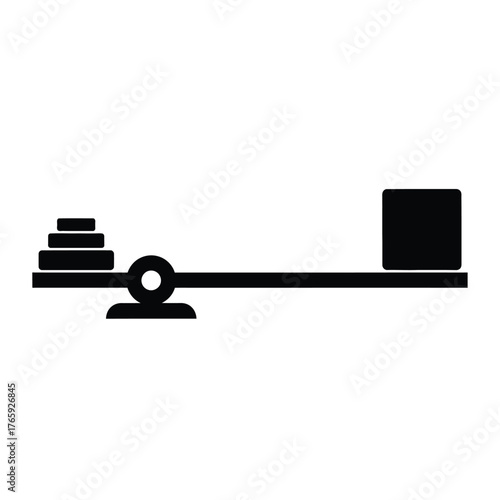 Black balance scale with stacked weights and cube vector