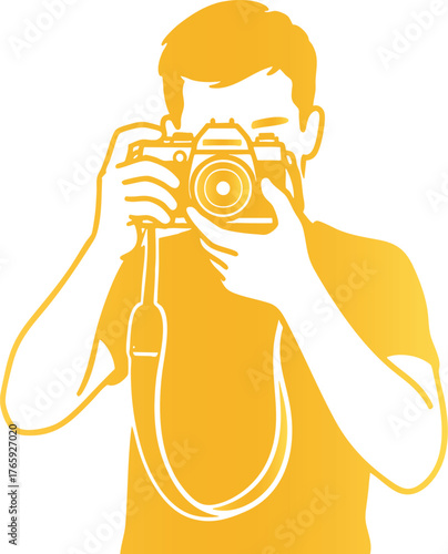 Golden Silhouette of Photographer with Camera on White Background