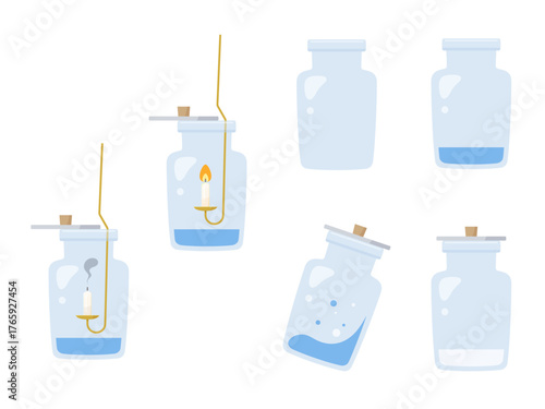 集気びんの中でろうそくを燃やす実験のイラスト素材セット