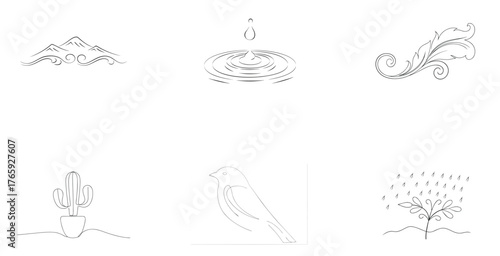 Mountain wave flourish bird cactus rain plant vector