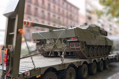 Military tank transported on a truck through a city street during daylight hours