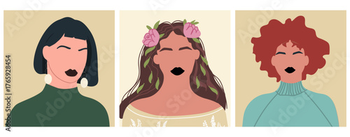 Abstract women portraits set. Faceless female characters. Person poster, head avatar, hand drawn vector illustration.