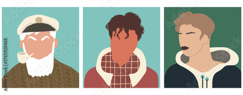 Abstract men portraits set. Faceless male character. Person poster, head avatar, hand drawn vector illustration.