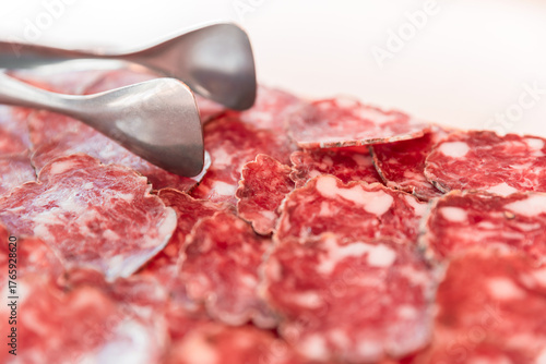 Salami slices close up