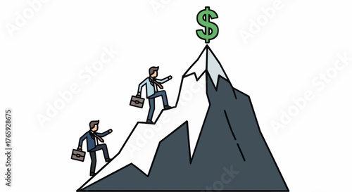 Businessmen climbing mountain for financial success, conquering challenges, achieving goals