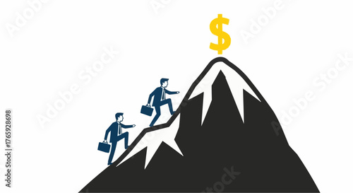 Businessmen climbing mountain towards golden dollar sign, achieving financial success together