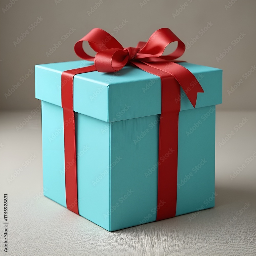 Fototapeta premium Brightly colored gift box with a red ribbon tied around it perfectly, wrapped gift, present box, birthday gift 