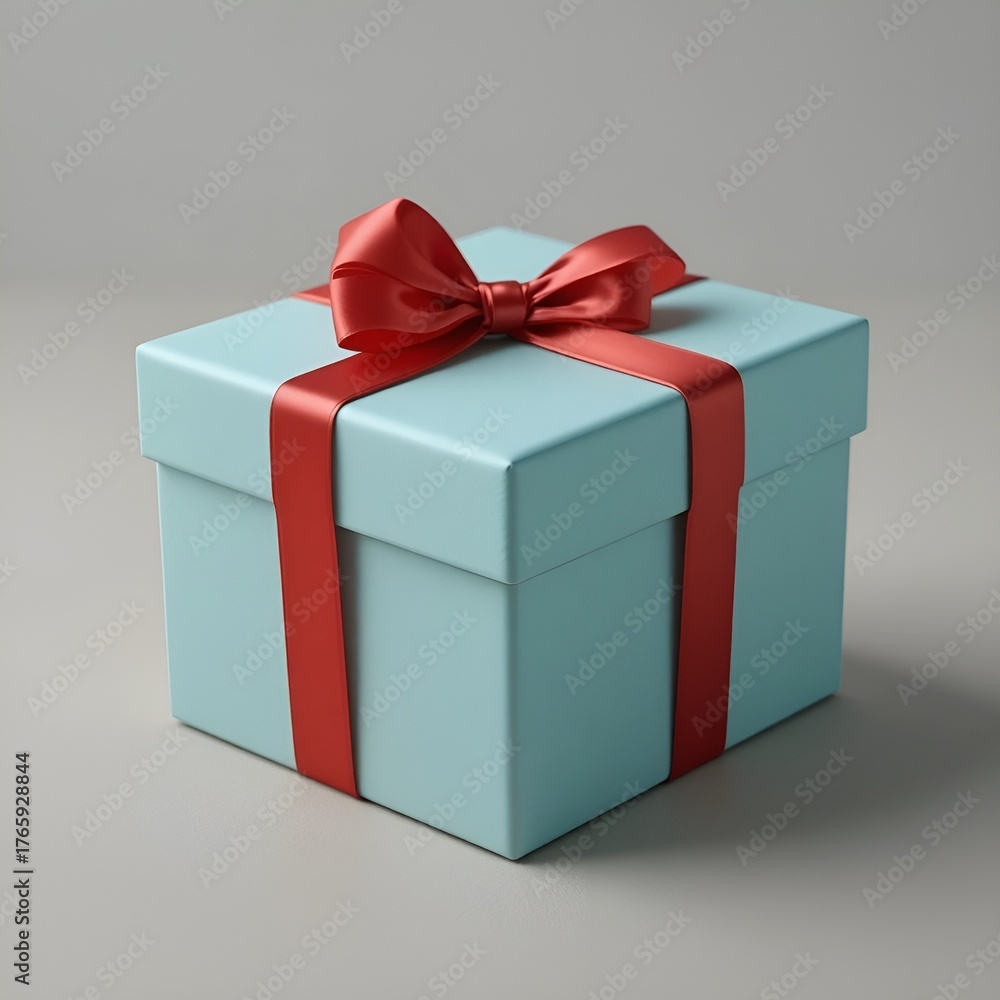 Fototapeta premium Brightly colored gift box with a red ribbon tied around it perfectly, wrapped gift, present box, birthday gift 