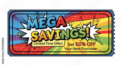 A vibrant sale banner and discount coupon design in a retro pop art comic style. Colorful vector illustration