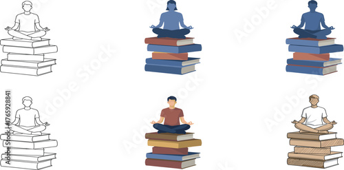 Person Meditating on Stack of Books Vector Illustration Set, Mindfulness and Knowledge Concept Graphics, Education and Zen Balance.