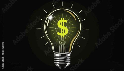 Glowing light bulb with dollar sign inside symbolizes financial success and bright business ideas