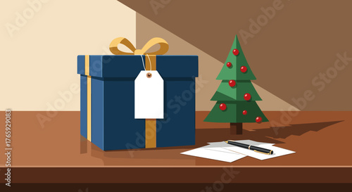 Illustration of a gift voucher for legal advice next to a Christmas tree for law firms and holiday marketing promotions