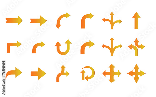 Collection of diverse orange and yellow gradient arrows indicating direction navigation and choices on a white background