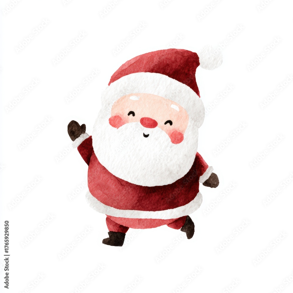 Obraz premium A charming watercolor illustration of a jolly Santa Claus waving cheerfully, perfect for holiday-themed designs, greeting cards, and festive decorations,
