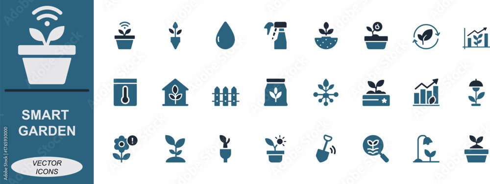 Naklejka premium Smart garden icon set with plant, soil, water, sensor, seed, eco, greenhouse, growth, compost, and solar symbols. perfect for UI, apps, and eco branding.