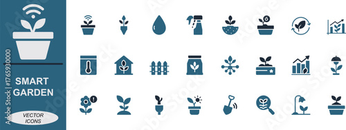 
Smart garden icon set with plant, soil, water, sensor, seed, eco, greenhouse, growth, compost, and solar symbols.  perfect for UI, apps, and eco branding.