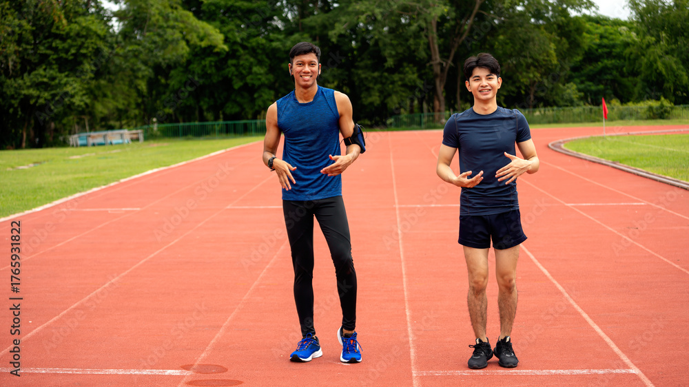 Obraz premium Two Asian men in athletic wear smiling and standing on an outdoor running track, ready for fitness or workout session. Concept of friendship, active lifestyle, and healthy living