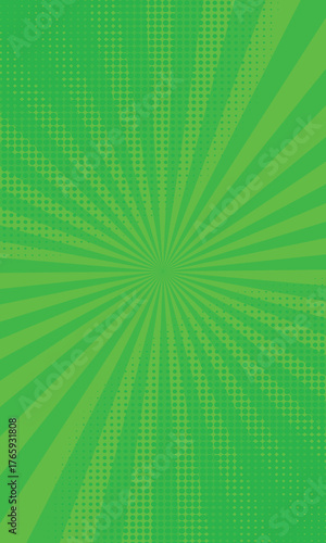 Comic book halftone background. Green sun pop art retro rays background.
