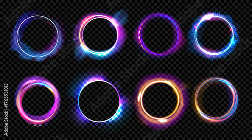 Magic shine. Light portal ring effect. 3D neon fiber glow sphere. Galaxy gradient lightning. Space optical frame. Illuminated vortex sparks. Vector luminous futuristic round borders set