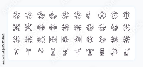 Radar icons. Range military circle scan. Sonar satellite detection. Scanner signal. GPS navigation. Antenna transmitter. Target crosshair. Radio locator detection. Vector line symbols set