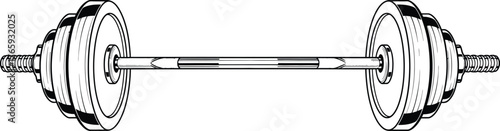 Black and white barbell with weights on a plain background